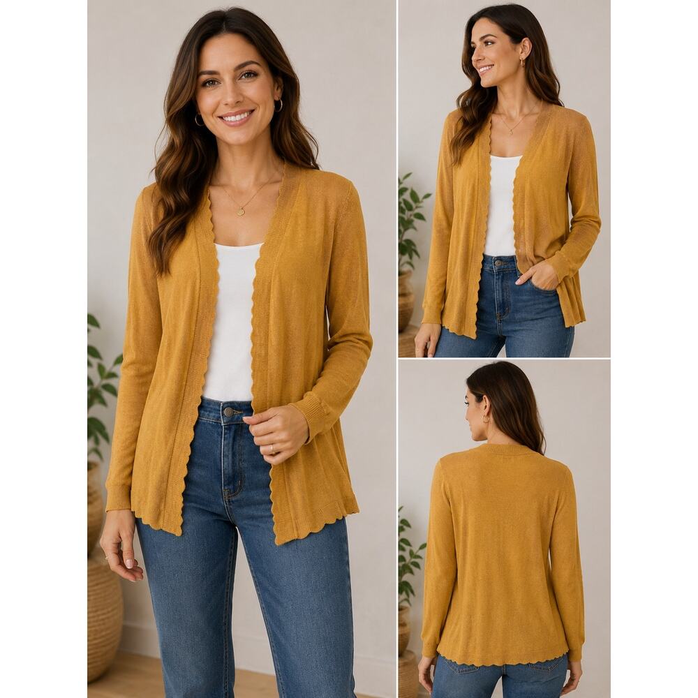 evolution Mustard Golden Bronze Open Sweater Cardigan Scalloped Trim MP NWT